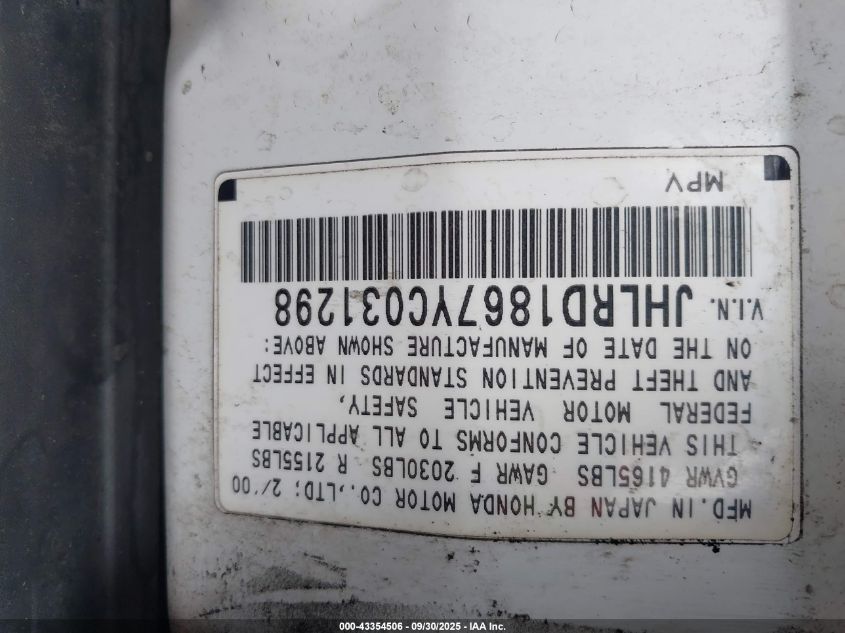 2000 Honda Cr-V Ex VIN: JHLRD1867YC031298 Lot: 43354506