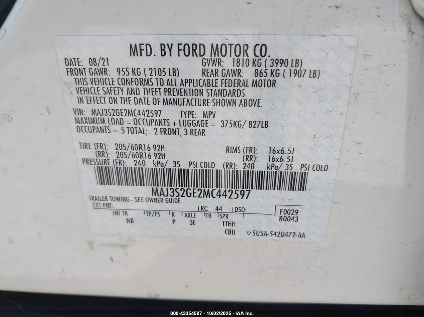 2021 FORD ECOSPORT(VIN: MAJ3S2GE2MC442597