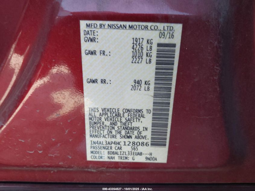 2017 Nissan Altima 2.5 Sv VIN: 1N4AL3AP4HC128086 Lot: 43354527