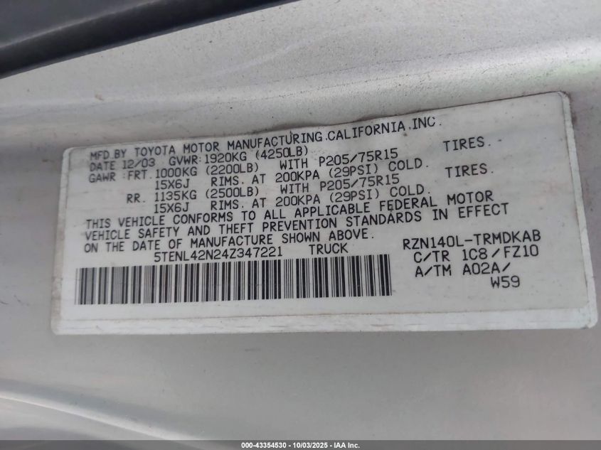 2004 Toyota Tacoma VIN: 5TENL42N24Z347221 Lot: 43354530