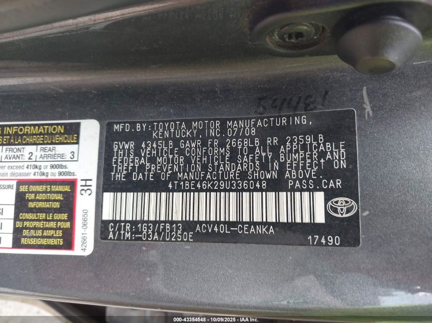 2009 Toyota Camry Le VIN: 4T1BE46K29U336048 Lot: 43354548