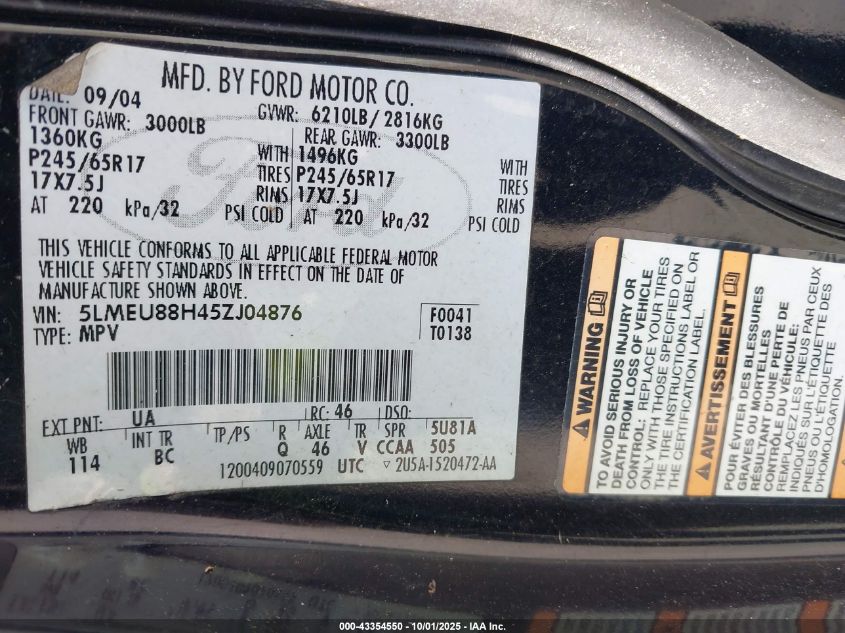 2005 Lincoln Aviator VIN: 5LMEU88H45ZJ04876 Lot: 43354550
