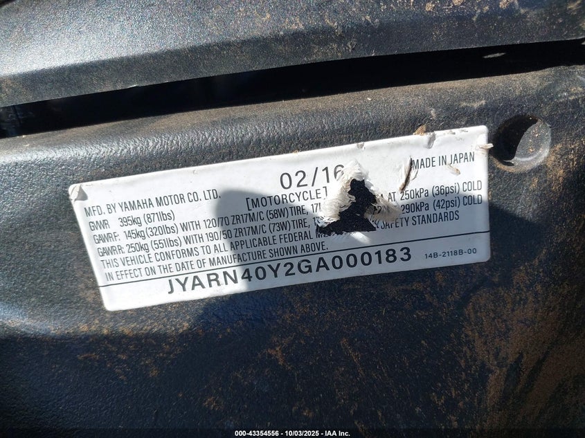 2016 Yamaha Yzfr1M C VIN: JYARN40Y2GA000183 Lot: 43354556