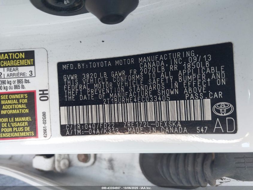 2014 Toyota Corolla S Plus VIN: 2T1BURHE4EC033405 Lot: 43354557