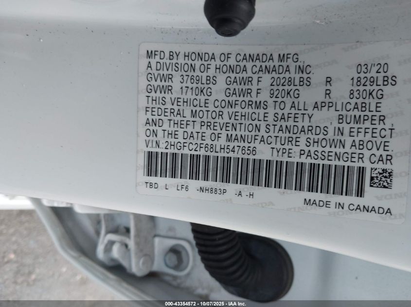2020 Honda Civic Lx VIN: 2HGFC2F68LH547656 Lot: 43354572