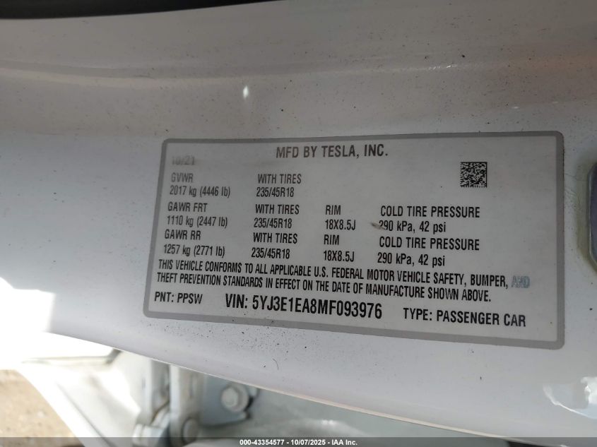 2021 Tesla Model 3 Standard Range Plus Rear-Wheel Drive VIN: 5YJ3E1EA8MF093976 Lot: 43354577