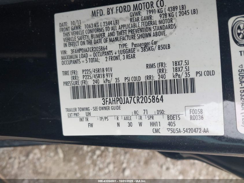 2012 Ford Fusion Sel VIN: 3FAHP0JA7CR205864 Lot: 43354581