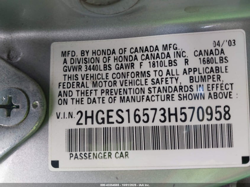 2003 Honda Civic Lx VIN: 2HGES16573H570958 Lot: 43354585