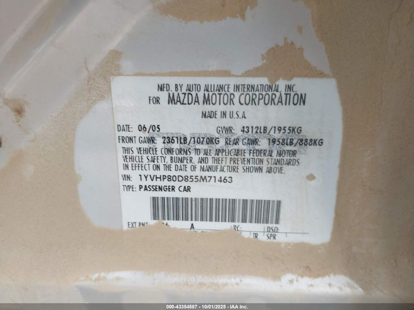 2005 Mazda Mazda6 S Grand Touring VIN: 1YVHP80D855M71463 Lot: 43354587