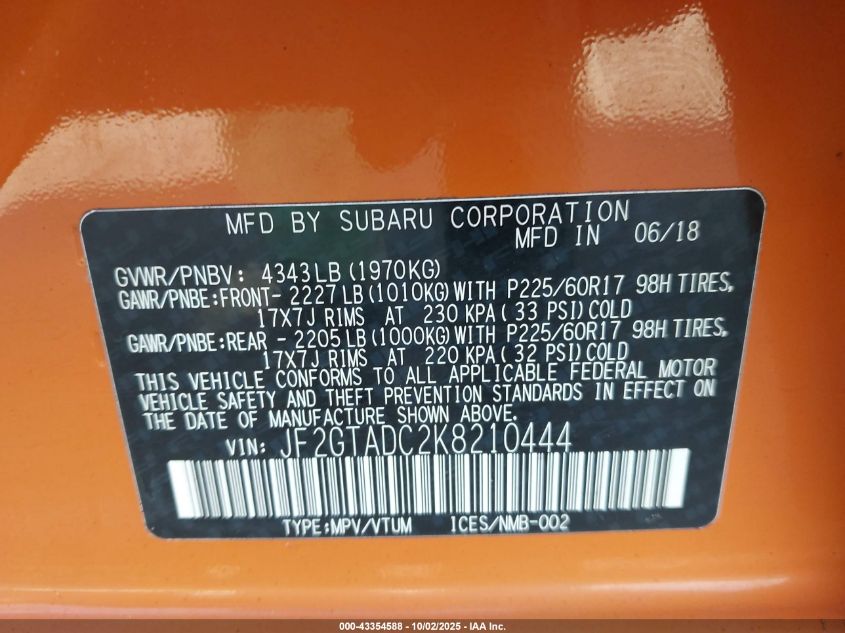 2019 Subaru Crosstrek 2.0I Premium VIN: JF2GTADC2K8210444 Lot: 43354588