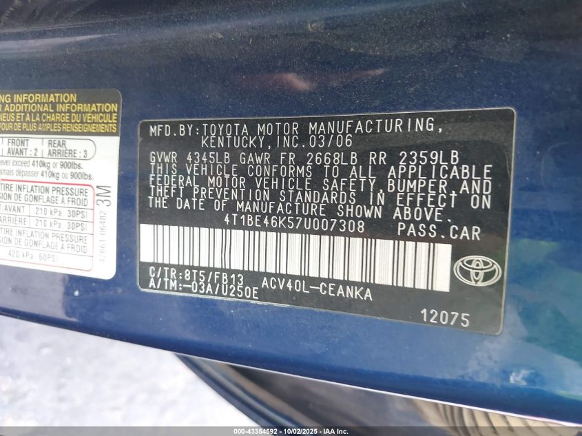 2007 Toyota Camry Le VIN: 4T1BE46K57U007308 Lot: 43354592