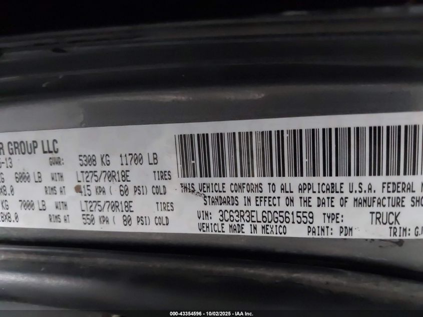 2013 Ram 3500 Laramie VIN: 3C63R3EL6DG561559 Lot: 43354596