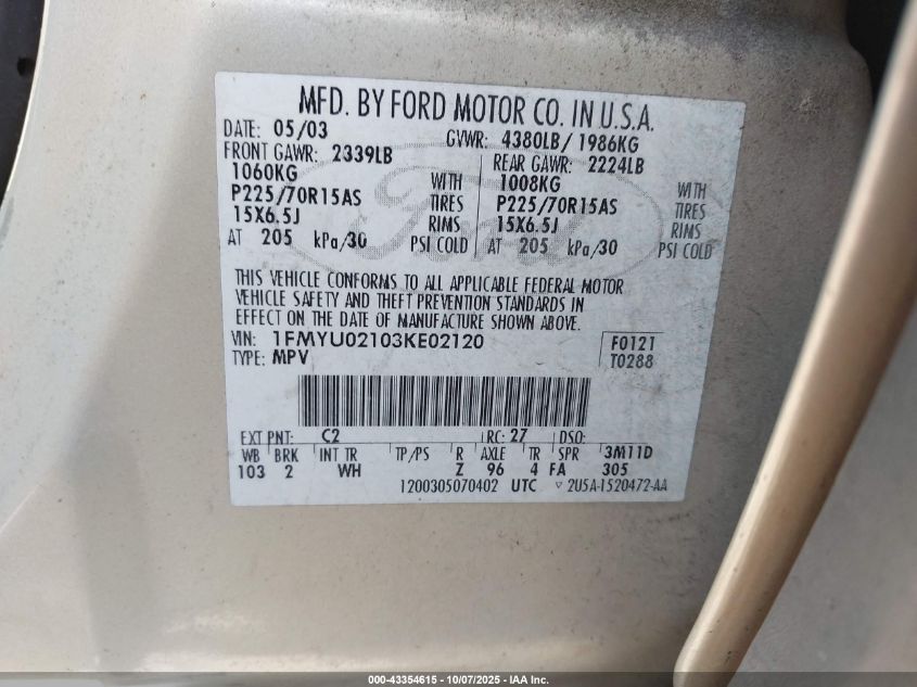 2003 Ford Escape Xls VIN: 1FMYU02103KE02120 Lot: 43354615