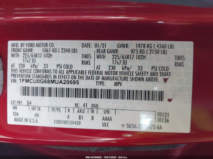 2021 Ford Escape Se VIN: 1FMCU0G68MUA20695 Lot: 43354625