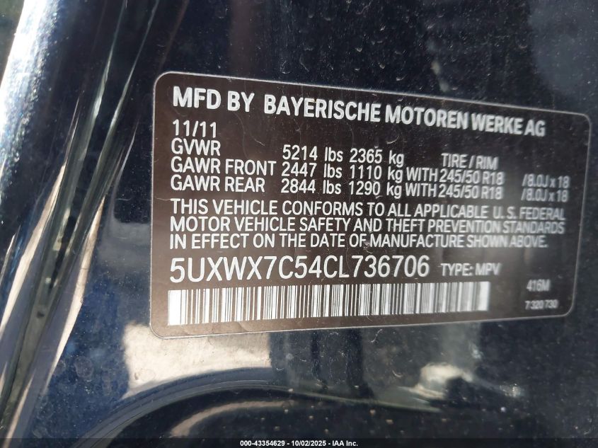 2012 BMW X3 xDrive35I VIN: 5UXWX7C54CL736706 Lot: 43354629