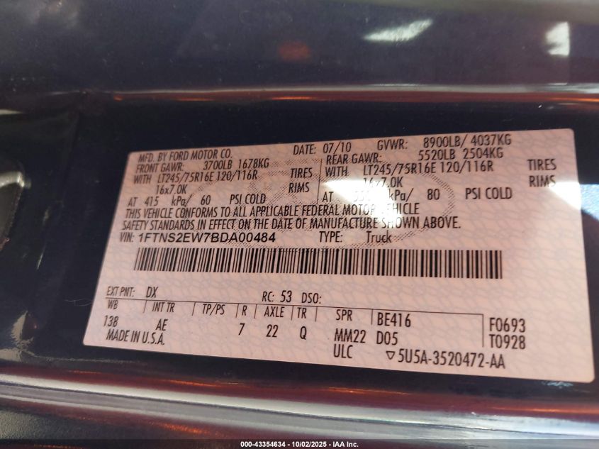 2011 Ford E-250 Commercial VIN: 1FTNS2EW7BDA00484 Lot: 43354634