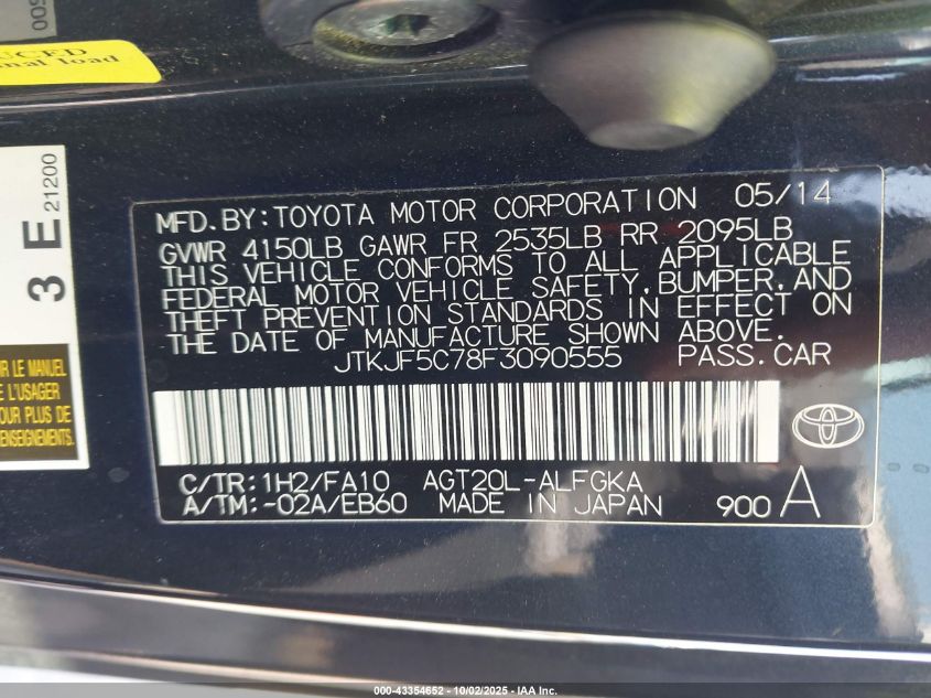 2015 Scion Tc VIN: JTKJF5C78F3090555 Lot: 43354652