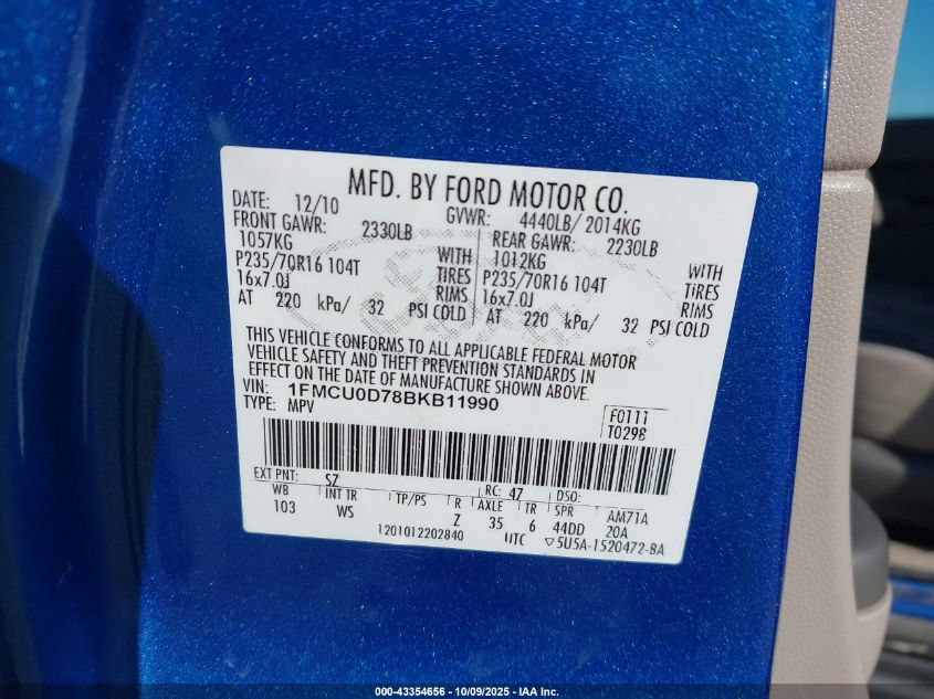 2011 Ford Escape Xlt VIN: 1FMCU0D78BKB11990 Lot: 43354656