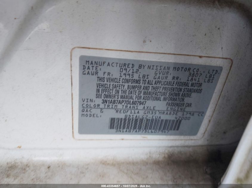 2013 Nissan Sentra Sl VIN: 3N1AB7AP7DL607947 Lot: 43354657