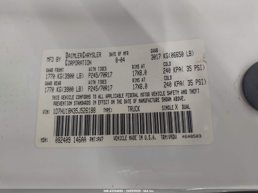 2005 Dodge Ram 1500 Slt/Laramie VIN: 1D7HU18N35J526188 Lot: 43354658