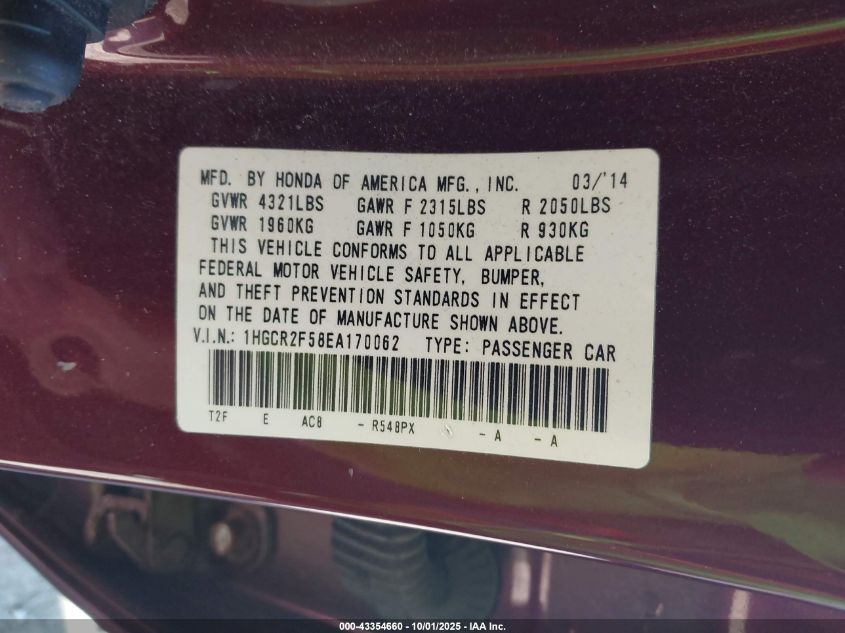 2014 Honda Accord Sport VIN: 1HGCR2F58EA170062 Lot: 43354660