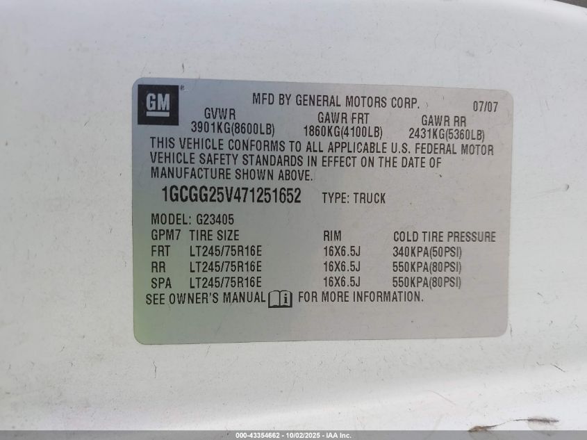 2007 Chevrolet Express Work Van VIN: 1GCGG25V471251652 Lot: 43354662