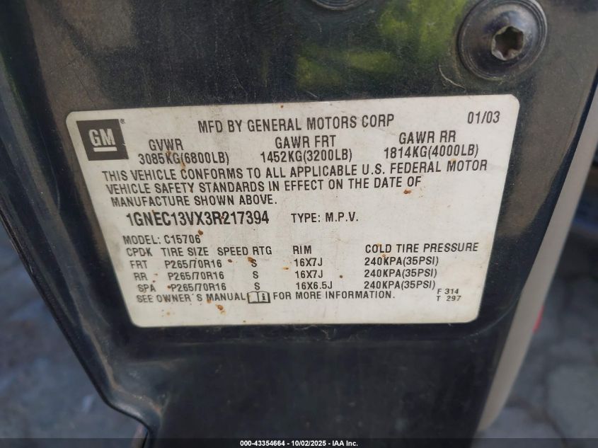 2003 Chevrolet Tahoe Ls VIN: 1GNEC13VX3R217394 Lot: 43354664