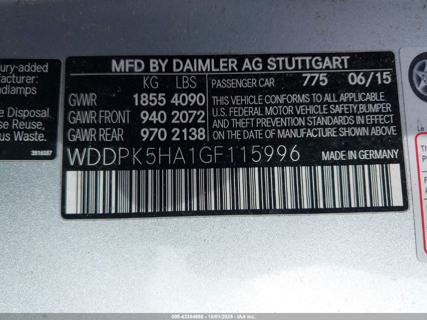 2016 Mercedes-Benz Slk 350 VIN: WDDPK5HA1GF115996 Lot: 43354668