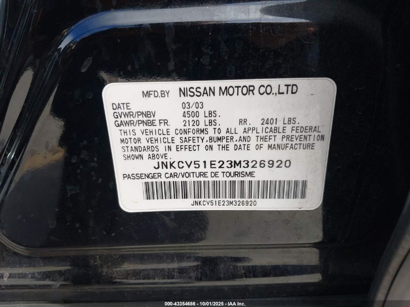 2003 Infiniti G35 Luxury Leather VIN: JNKCV51E23M326920 Lot: 43354686