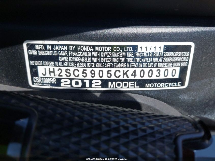 2012 Honda Cbr1000 Rr VIN: JH2SC5905CK400300 Lot: 43354684