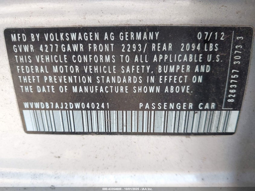 2013 VOLKSWAGEN GOLF 2.5L 4-DOOR - WVWDB7AJ2DW040241