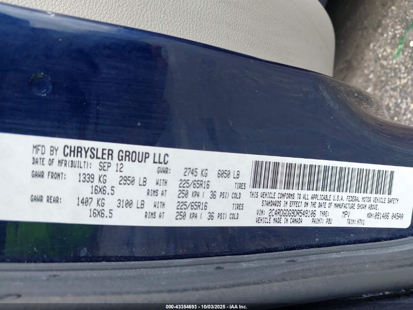 2013 Dodge Grand Caravan Crew VIN: 2C4RDGDG9DR549106 Lot: 43354693