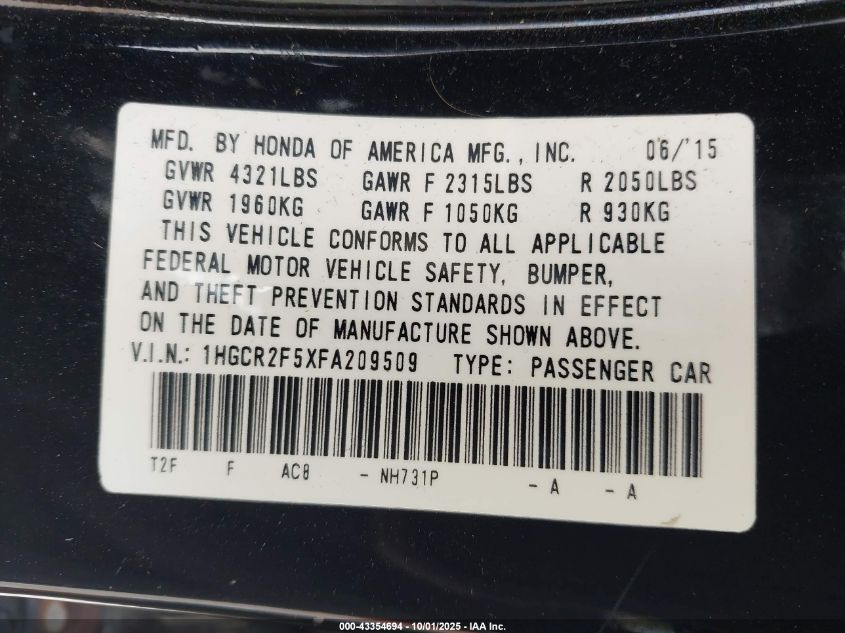 2015 Honda Accord Sport VIN: 1HGCR2F5XFA209509 Lot: 43354694