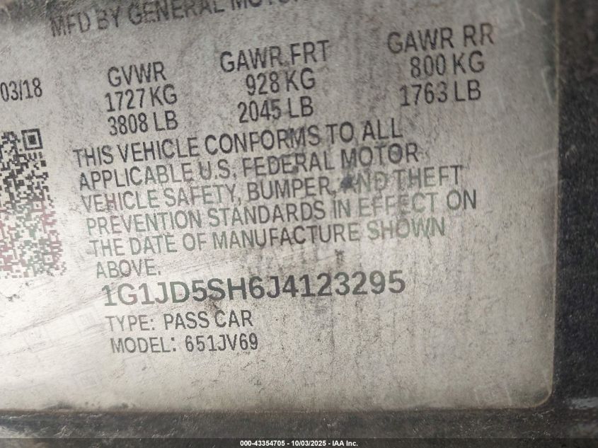 2018 Chevrolet Sonic Lt Auto VIN: 1G1JD5SH6J4123295 Lot: 43354705