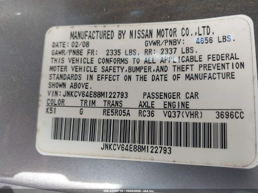 2008 Infiniti G37 Journey VIN: JNKCV64E88M122793 Lot: 43354715