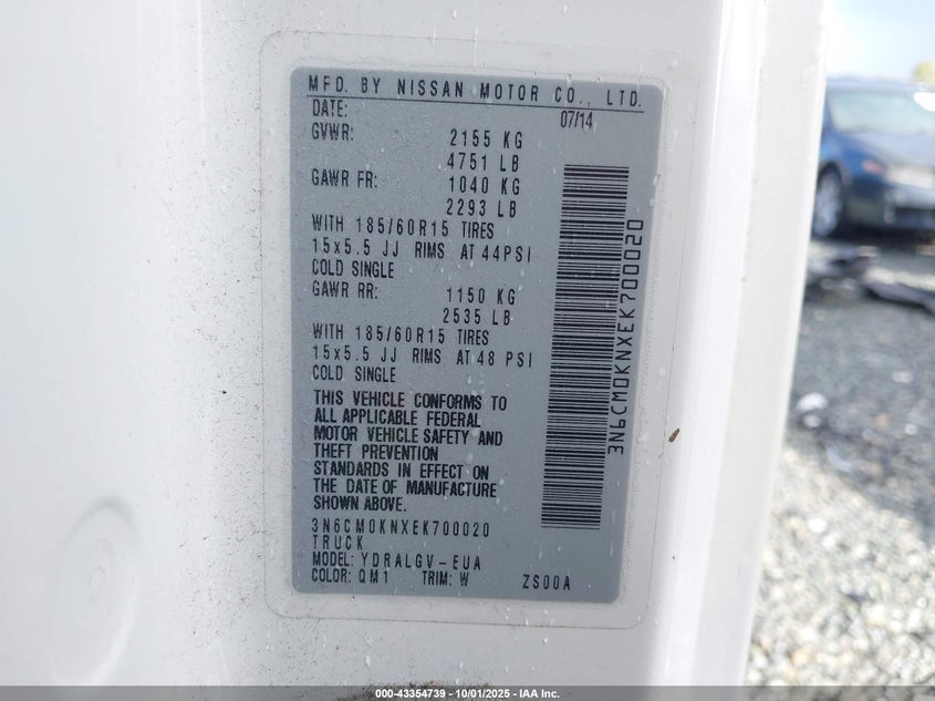 2014 Nissan Nv200 Sv VIN: 3N6CM0KNXEK700020 Lot: 43354739