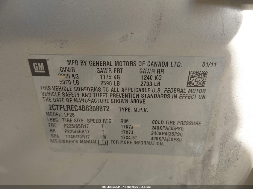 2011 GMC Terrain Sle-1 VIN: 2CTFLREC4B6358872 Lot: 43354741