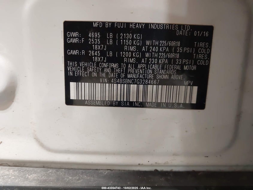 2016 SUBARU OUTBACK 2.5I LIMITED - 4S4BSBNC7G3284667