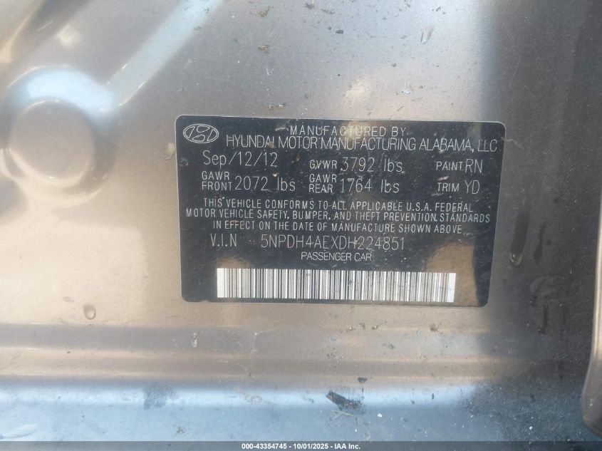 2013 Hyundai Elantra Gls VIN: 5NPDH4AEXDH224851 Lot: 43354745