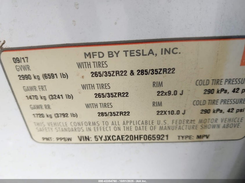 2017 Tesla Model X 100D/75D/90D VIN: 5YJXCAE20HF065921 Lot: 43354760
