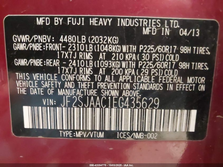 2014 Subaru Forester 2.5I VIN: JF2SJAAC1EG435629 Lot: 43354775