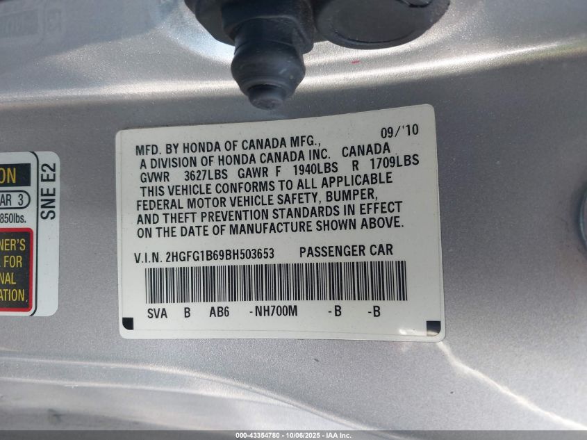 2011 Honda Civic Lx VIN: 2HGFG1B69BH503653 Lot: 43354780