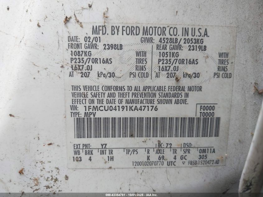 2001 Ford Escape Xlt VIN: 1FMCU04191KA47176 Lot: 43354781