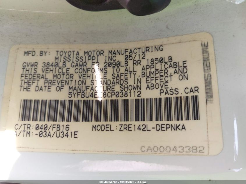 2012 Toyota Corolla VIN: 5YFFU4EE8CP038112 Lot: 43354787