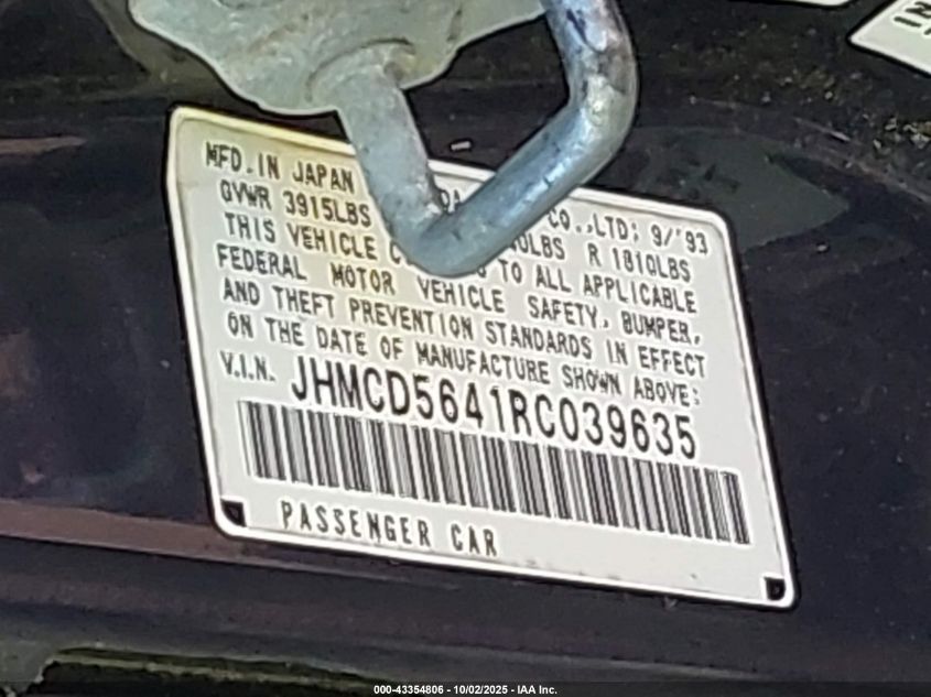 1994 Honda Accord Lx VIN: JHMCD5641RC039635 Lot: 43354806