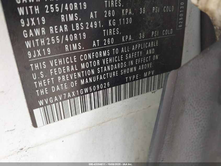 2016 Volkswagen Tiguan Sel VIN: WVGAV7AX1GW509026 Lot: 43354811