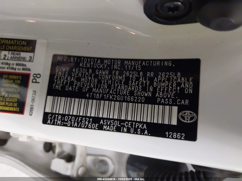 2016 Toyota Camry Se VIN: 4T1BF1FK2GU166220 Lot: 43354814