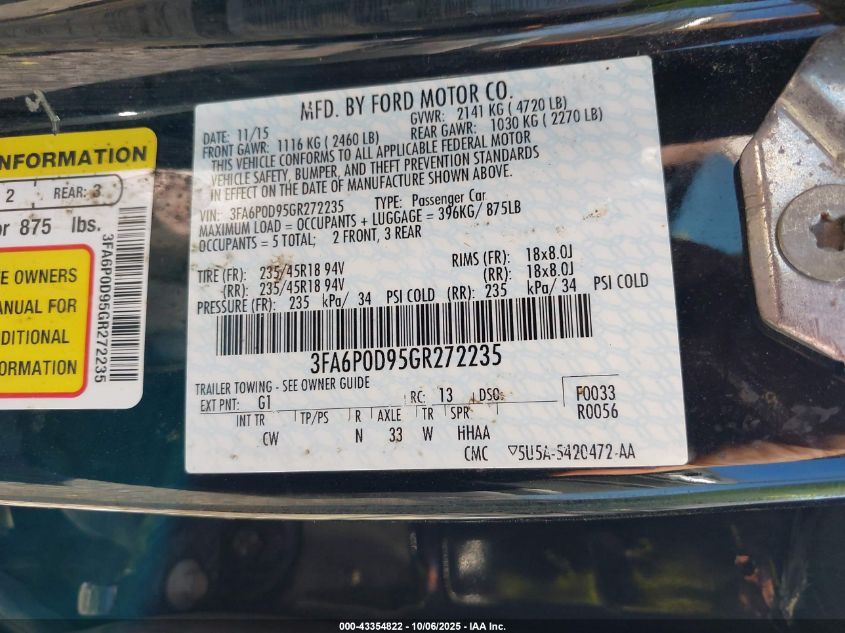 2016 Ford Fusion Titanium VIN: 3FA6P0D95GR272235 Lot: 43354822