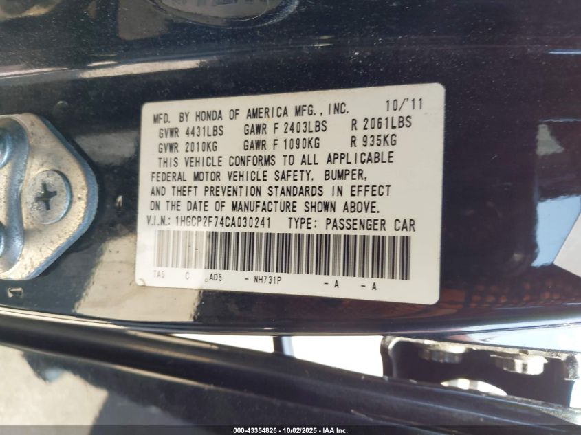 2012 Honda Accord 2.4 Ex VIN: 1HGCP2F74CA030241 Lot: 43354825