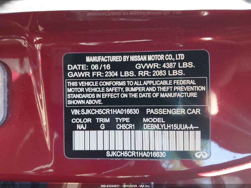 2017 Infiniti Qx30 Premium VIN: SJKCH5CR1HA016630 Lot: 43354831